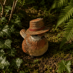 Pájaro decorativo con sombrero de paja – Vista completa