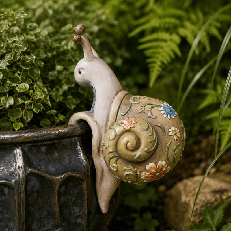 Caracol decorativo de resina para el borde de una maceta