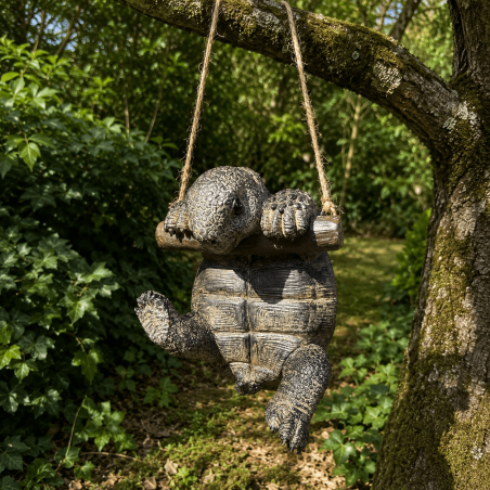 Tortuga colgante de resina gris sobre una rama – Vista frontal