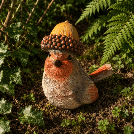 Petirrojo con gorro de bellota de resina – Vista frontal