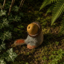 Pájaro decorativo con sombrero de bellota – Vista lateral