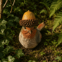 Figura de petirrojo con gorro de bellota – Vista completa