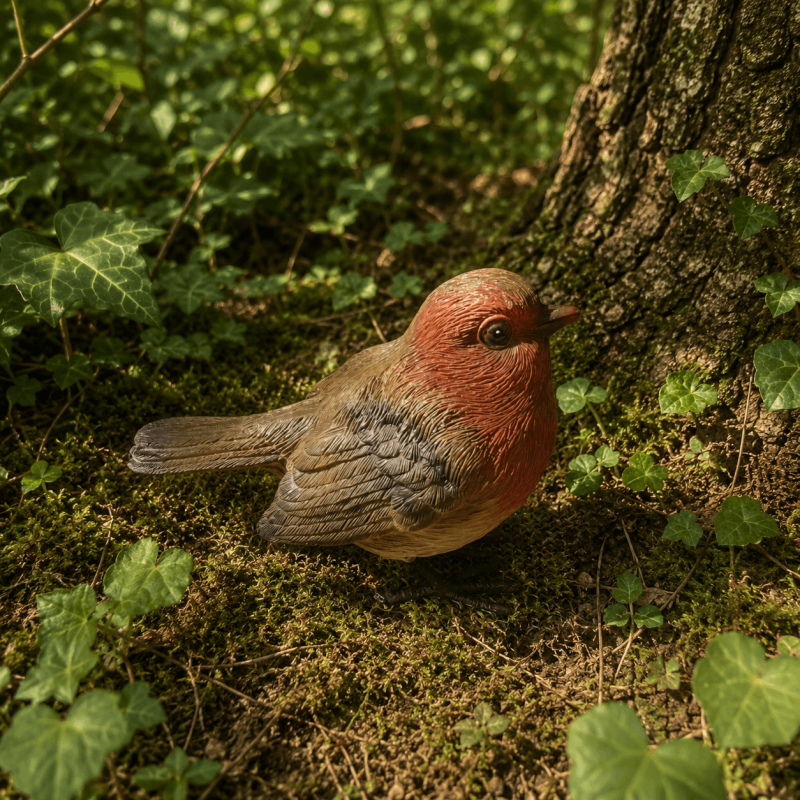 Figura de petirrojo con plumaje rojo anaranjado – Vista lateral