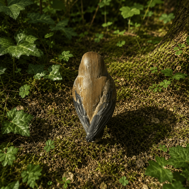 Pequeño pájaro decorativo sobre patas – Vista trasera
