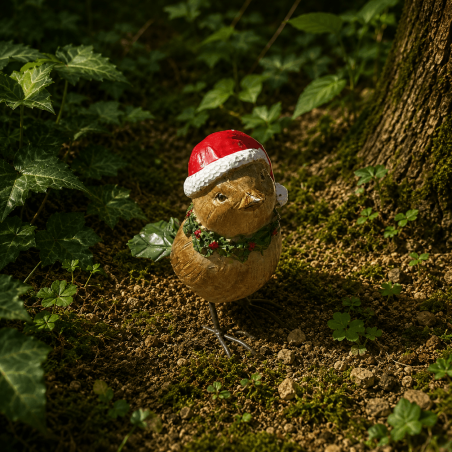 Pájaro navideño de resina con gorro rojo – Vista frontal