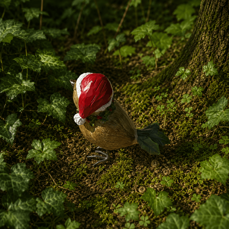 Pájaro decorativo con gorro de Papá Noel – Vista trasera