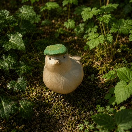 Pájaro decorativo de resina con boina verde – Vista frontal