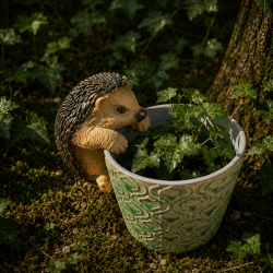 Figura de erizo colgada en una jardinera – Vista completa