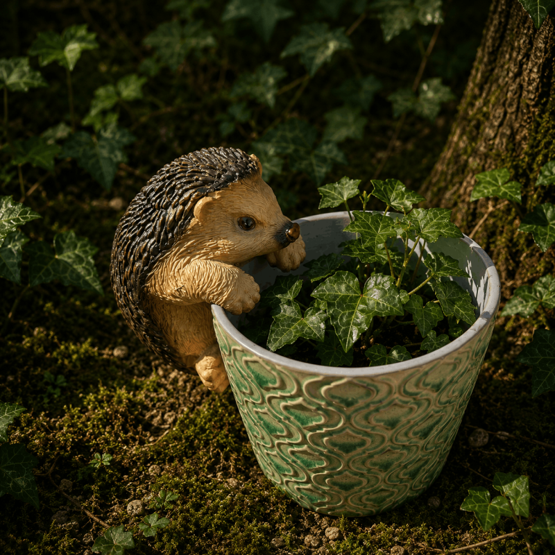 Figura de erizo colgada en una jardinera – Vista completa