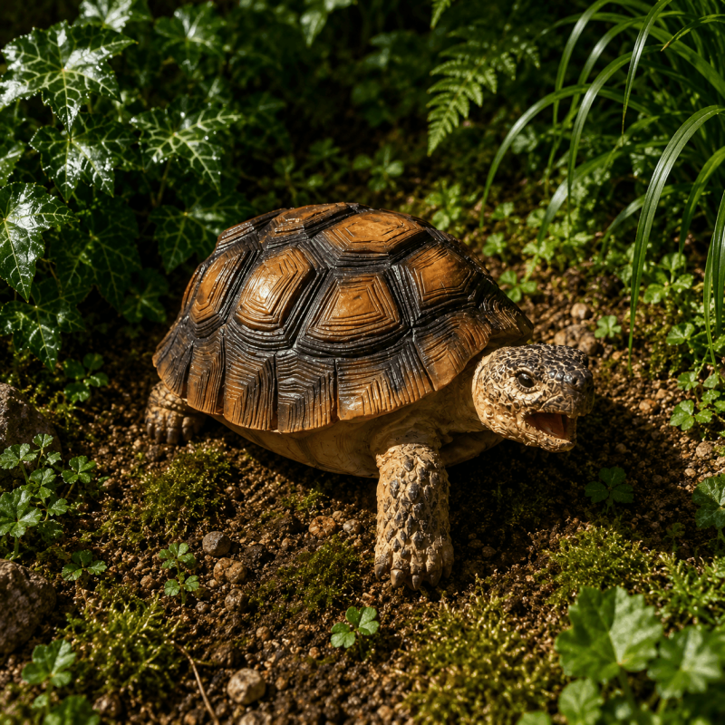 Tortuga decorativa de resina instalada en un entorno natural