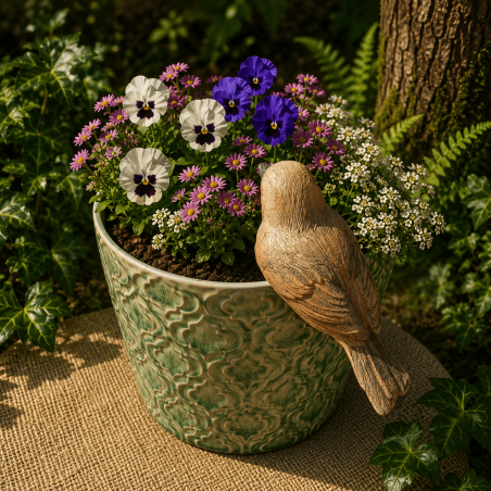 Figura de pájaro colgante instalada en una maceta con flores