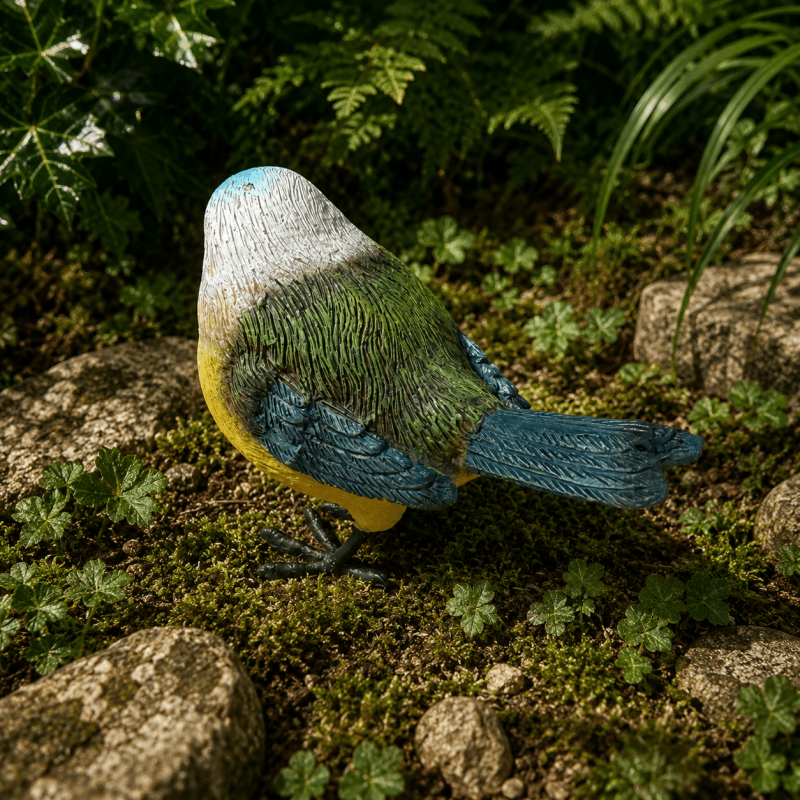 Figura de pájaro amarillo, azul y verde – Vista lateral