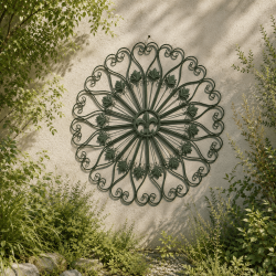 Gran rosetón mural con flor de lis en metal – Vista frontal