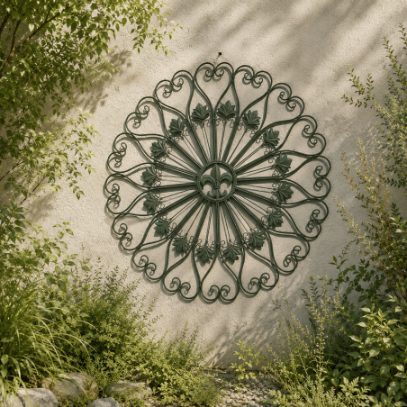 Gran rosetón mural con flor de lis en metal – Vista frontal