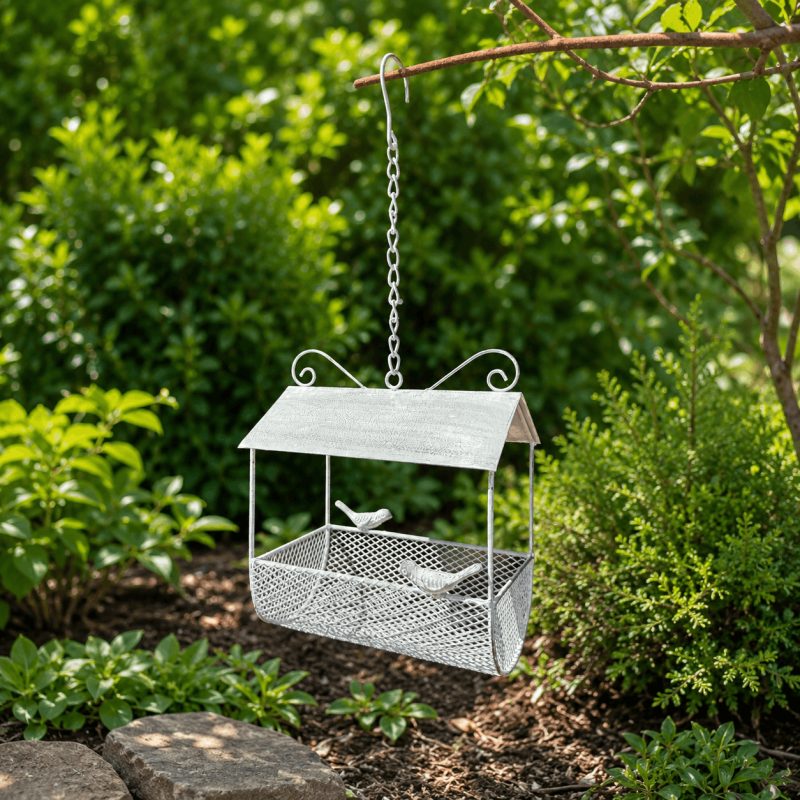 Comedero colgante para pájaros de metal con tejado – Vista completa