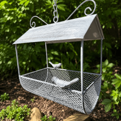 Comedero para aves con bandeja de rejilla y cadena – Vista lateral