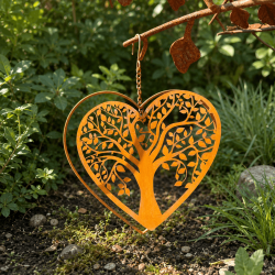 Decoración colgante corazón árbol de la vida en metal oxidado – Vista frontal