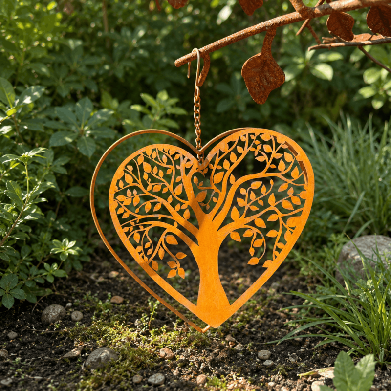 Decoración colgante corazón árbol de la vida en metal oxidado – Vista frontal
