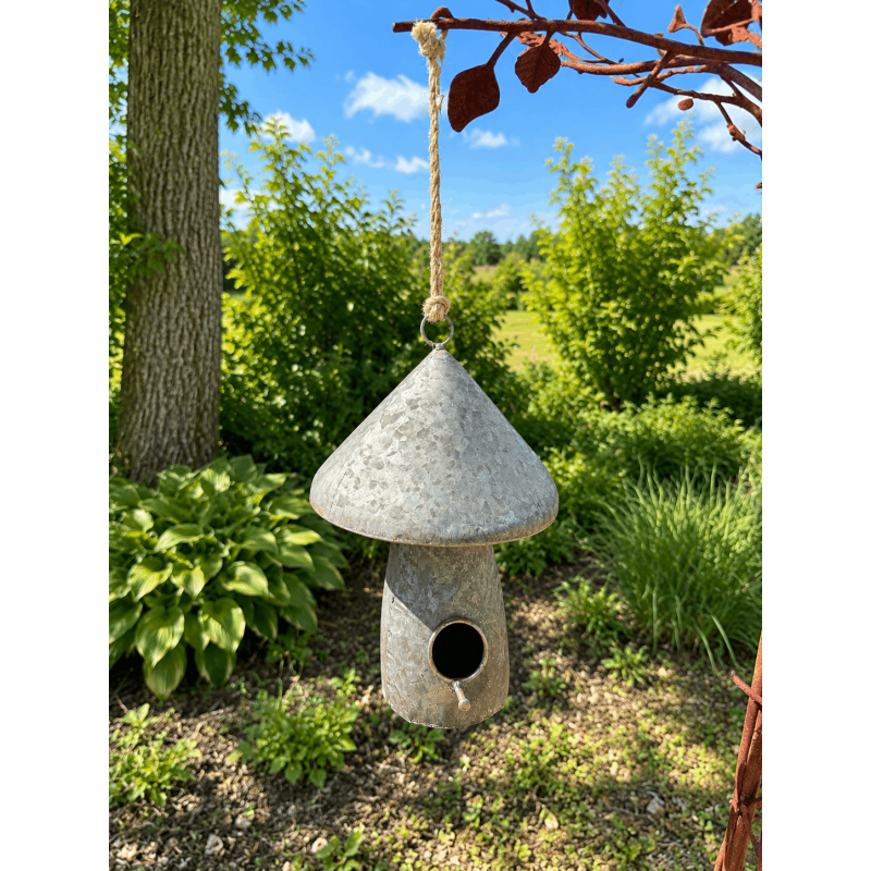 Casita para pájaros tipo seta instalada en el jardín