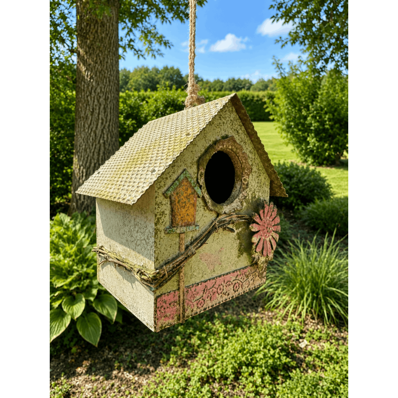 Casita decorativa para pájaros con flor y rama en relieve – Vista lateral