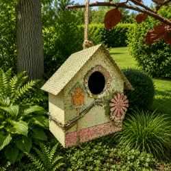Casita colgante para pájaros de madera y metal – Vista frontal