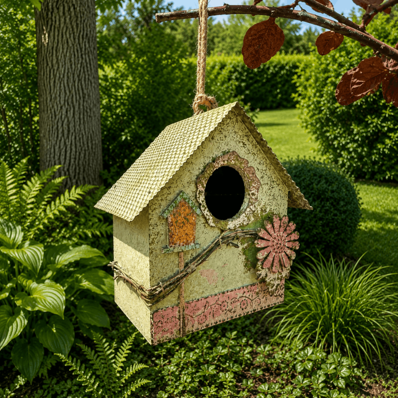 Casita colgante para pájaros de madera y metal – Vista frontal