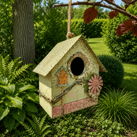 Casita colgante para pájaros de madera y metal – Vista frontal