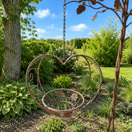 Jardinera colgante corazón de metal patinado – Vista completa