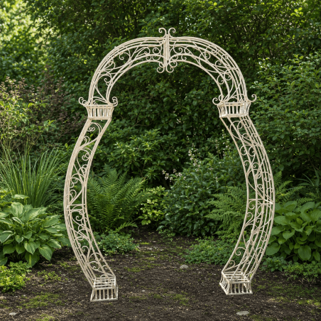 Gran arco de jardín de metal marfil patinado – Vista frontal