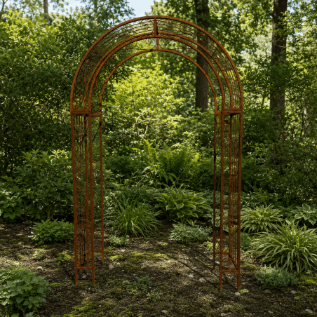 Arco de jardín para plantas trepadoras instalado sobre un sendero