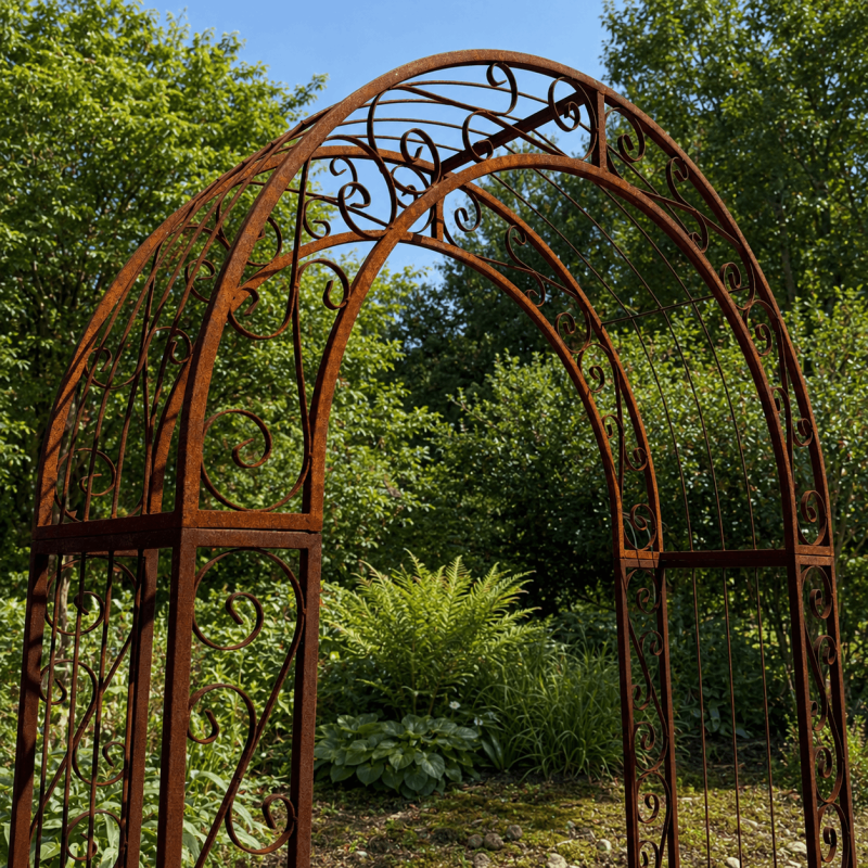 Arco de jardín para plantas trepadoras instalado sobre un sendero