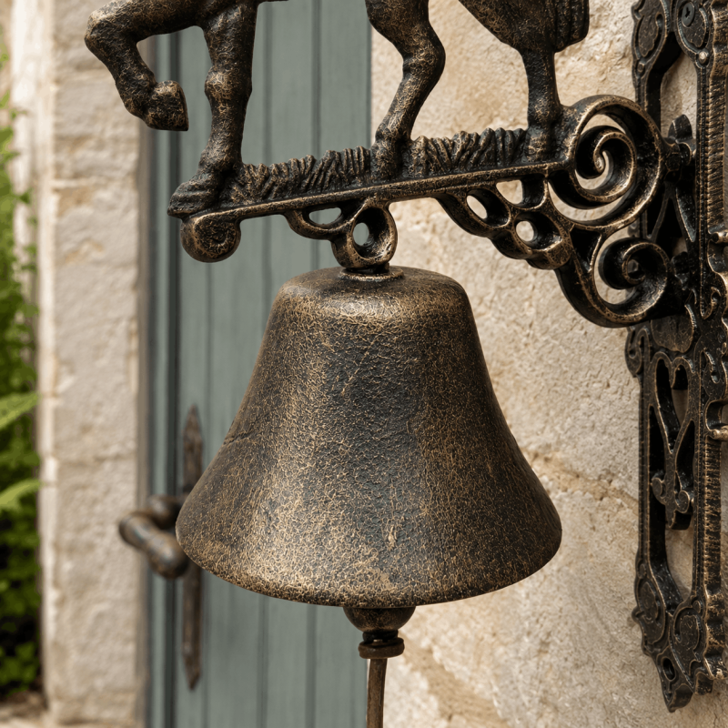 Detalle de la campana y del soporte con volutas ornamentales