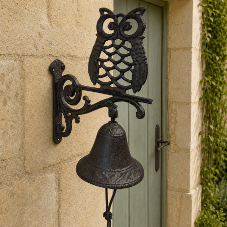 Campana mural con búho instalada junto a una puerta