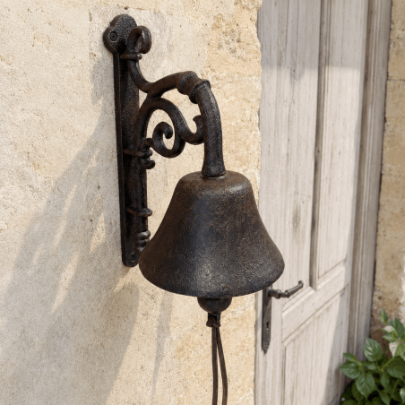 Campana de puerta rústica instalada sobre una fachada de piedra