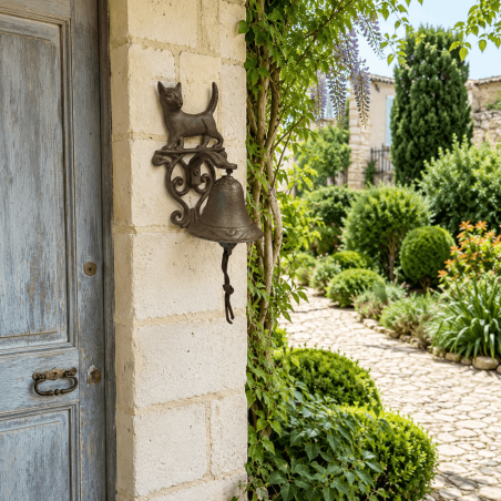 Campana mural con gato instalada junto a una puerta de jardín